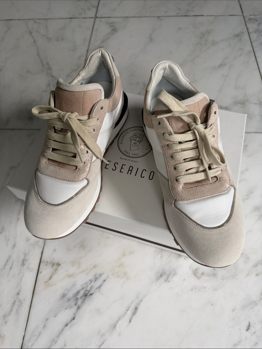 Peserico Beige and White Women's Athletic Sneakers